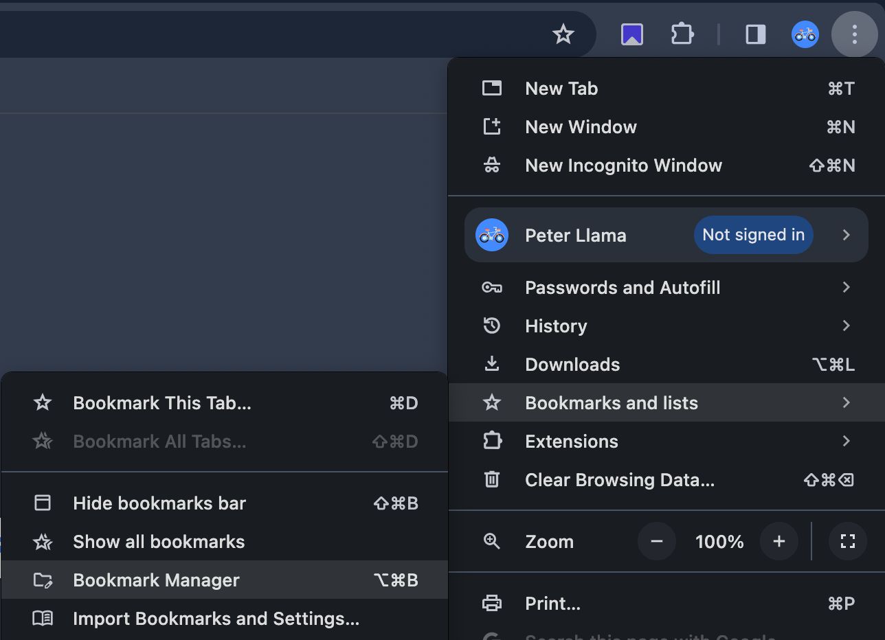 Screenshot of Google Chrome settings drop-down showing to do open the Bookmark Manager