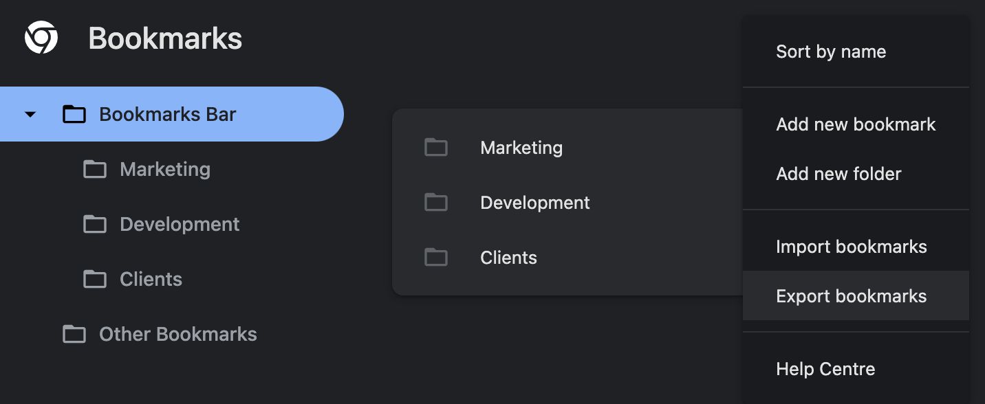 Screenshot of Google Chrome showing the Export Bookmarks options