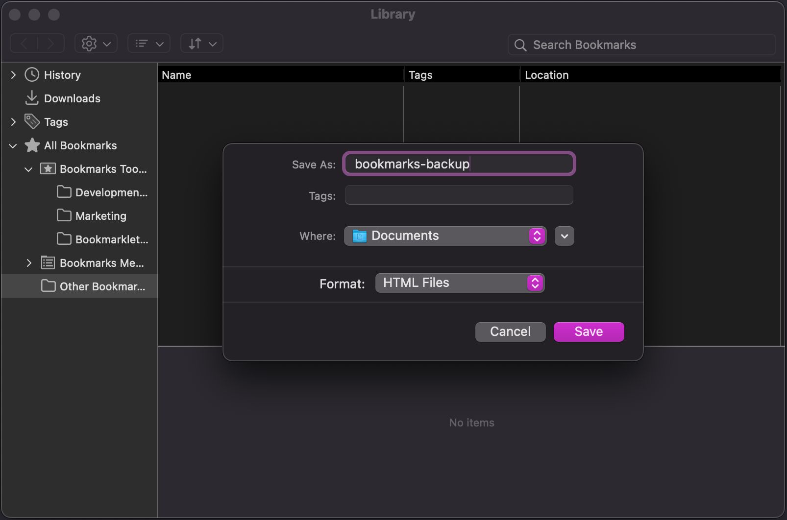 A screenshot of the Firefox bookmark manager, with the export bookmarks modal open.