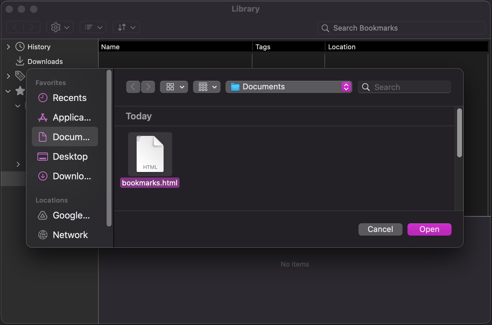 Screenshot of Firefox bookmark manager with file dialog open with a file containing previously exported bookmarks selected.