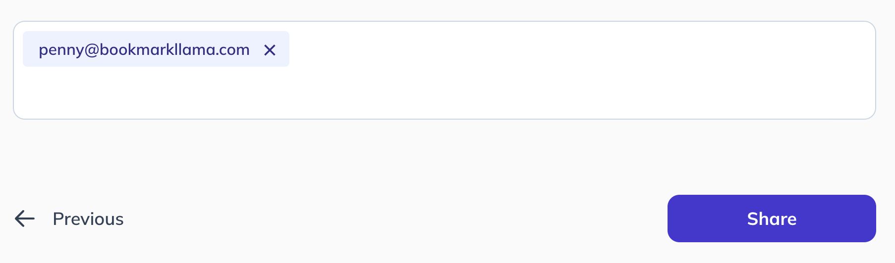 A screenshot of Bookmark Llama's share with email invite input with an email input and the share button displayed