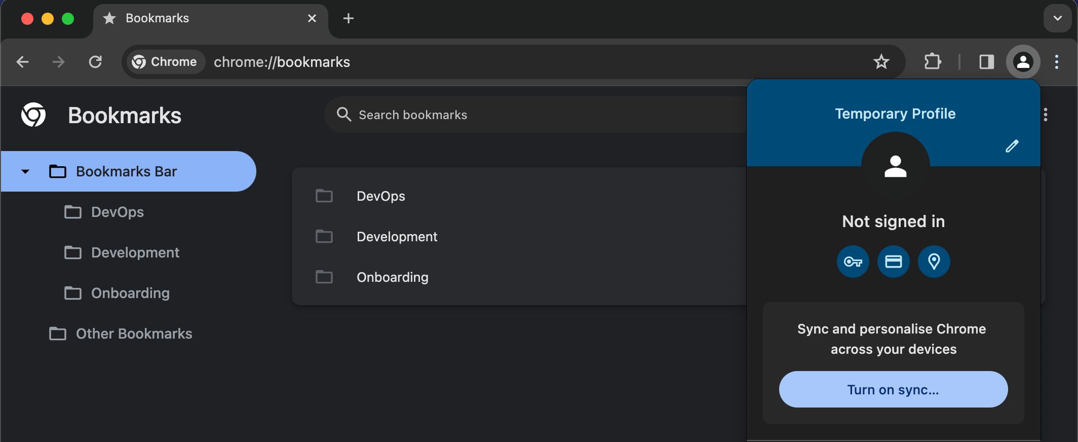 A screenshot of a temporary profile in Google Chrome