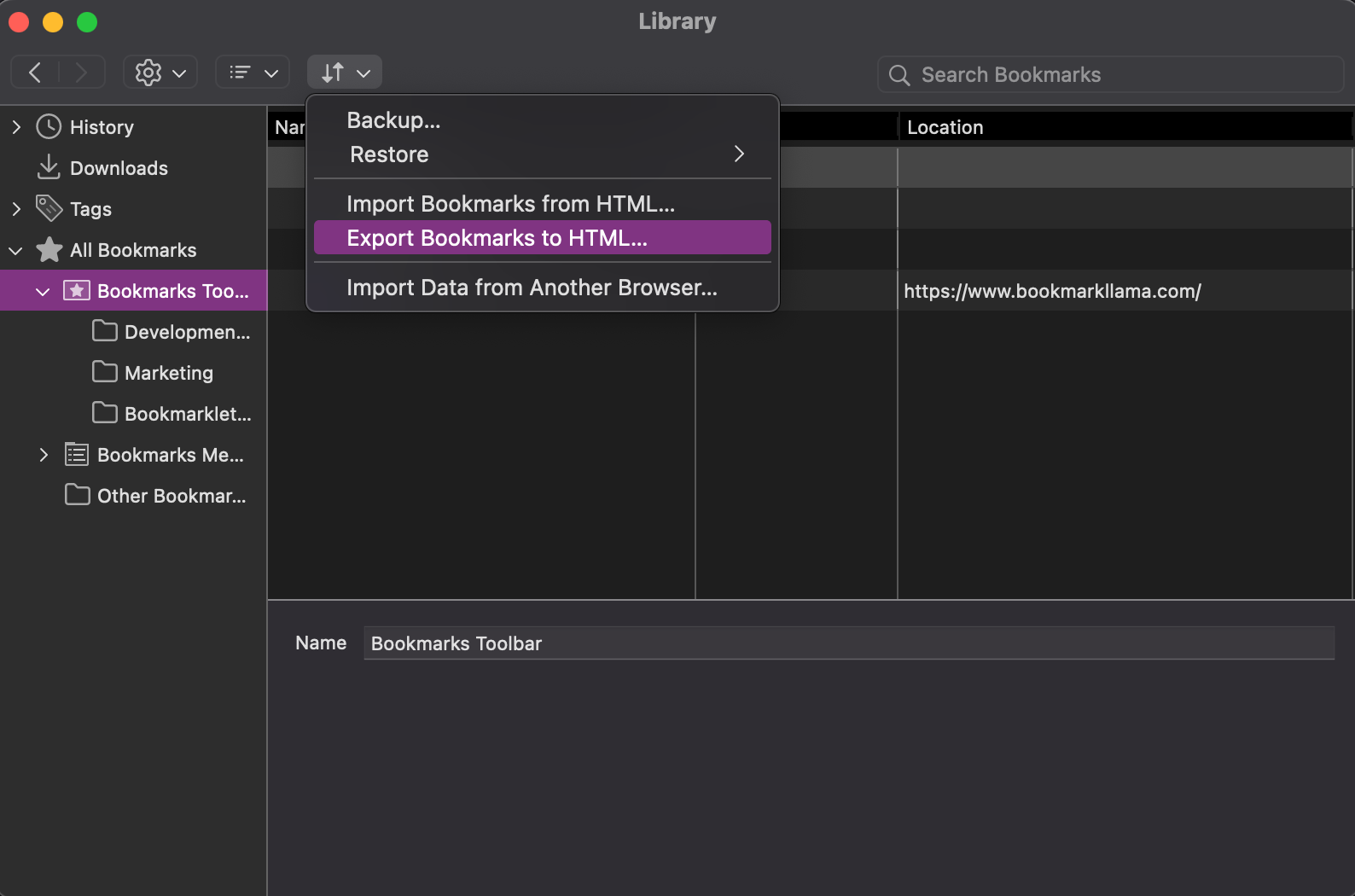 A screenshot of the Firefox bookmarks manager, with the import and export drop-down menu open with the Export Bookmarks to HTML option selected.