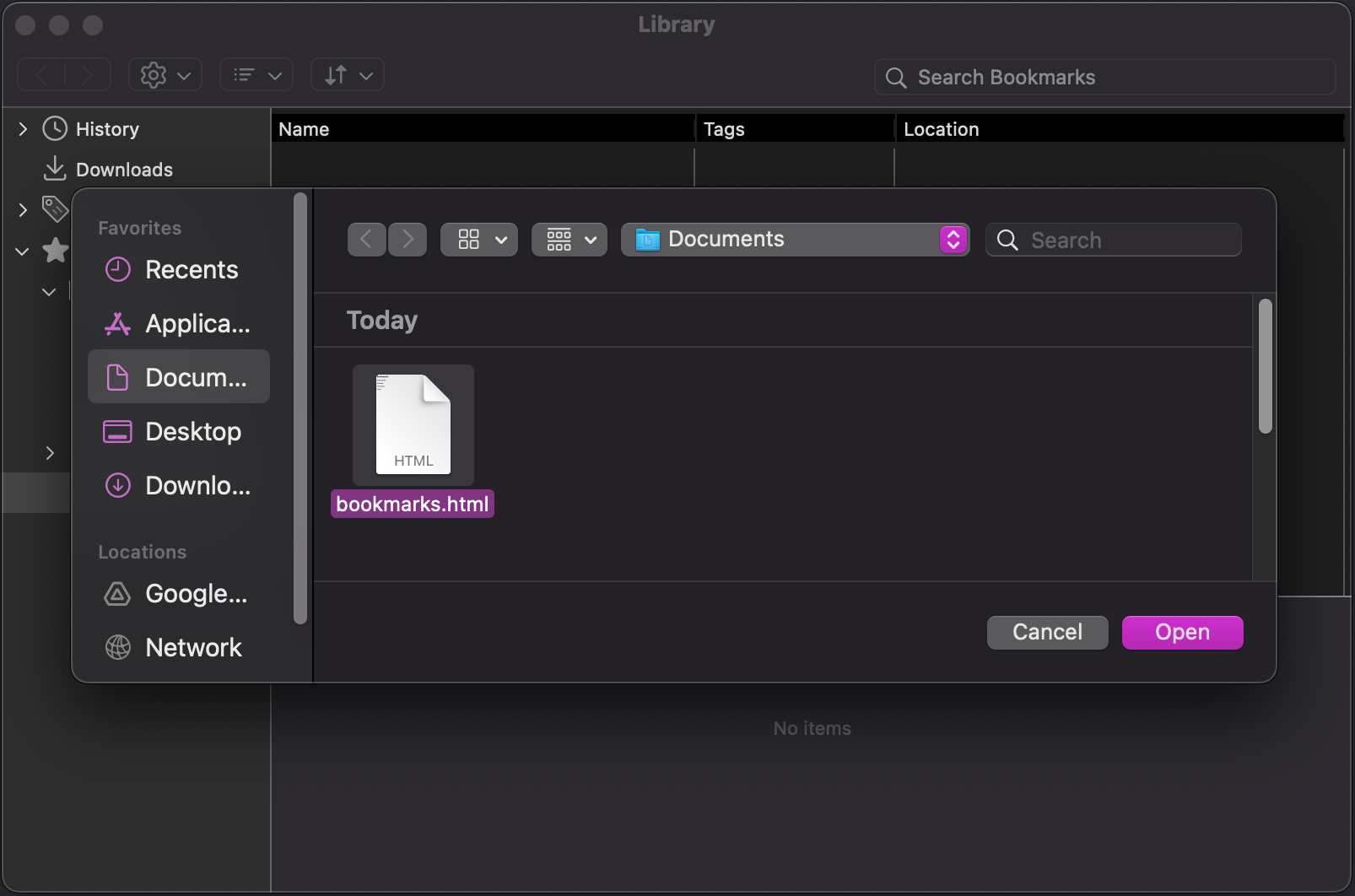 Screenshot of Firefox bookmark manager with file dialog open with a file containing previously exported bookmarks selected.